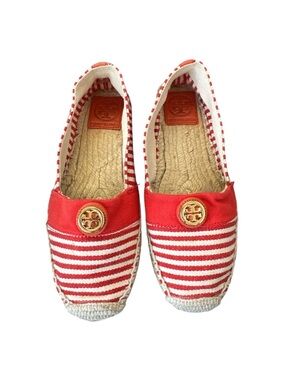 Tory Burch Beacher Espadrille Stripe Flats Red White Canvas Size 7